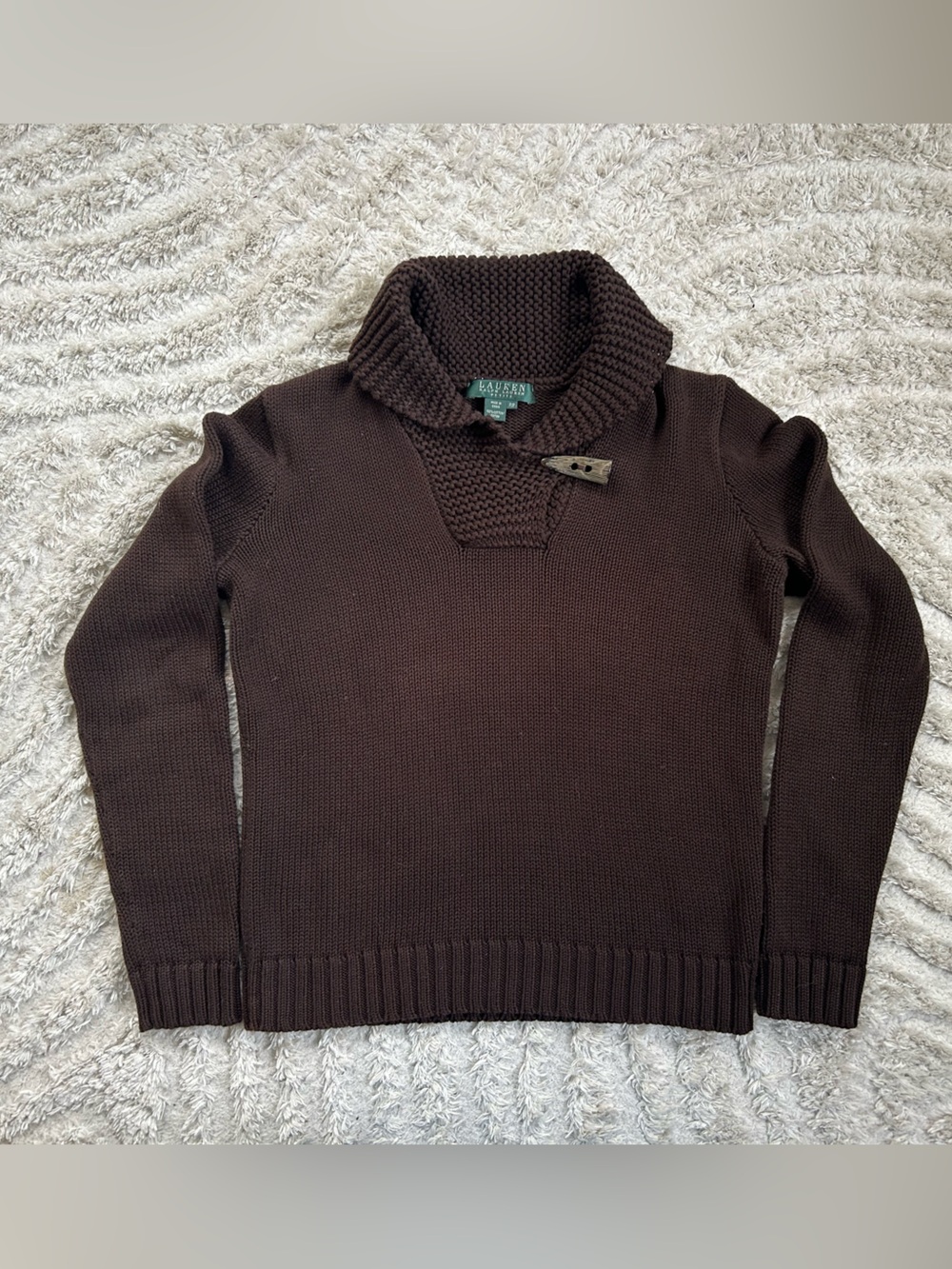 Lauren Ralph Lauren Dark Brown Shawl Turtleneck Sweater with Wood Toggle